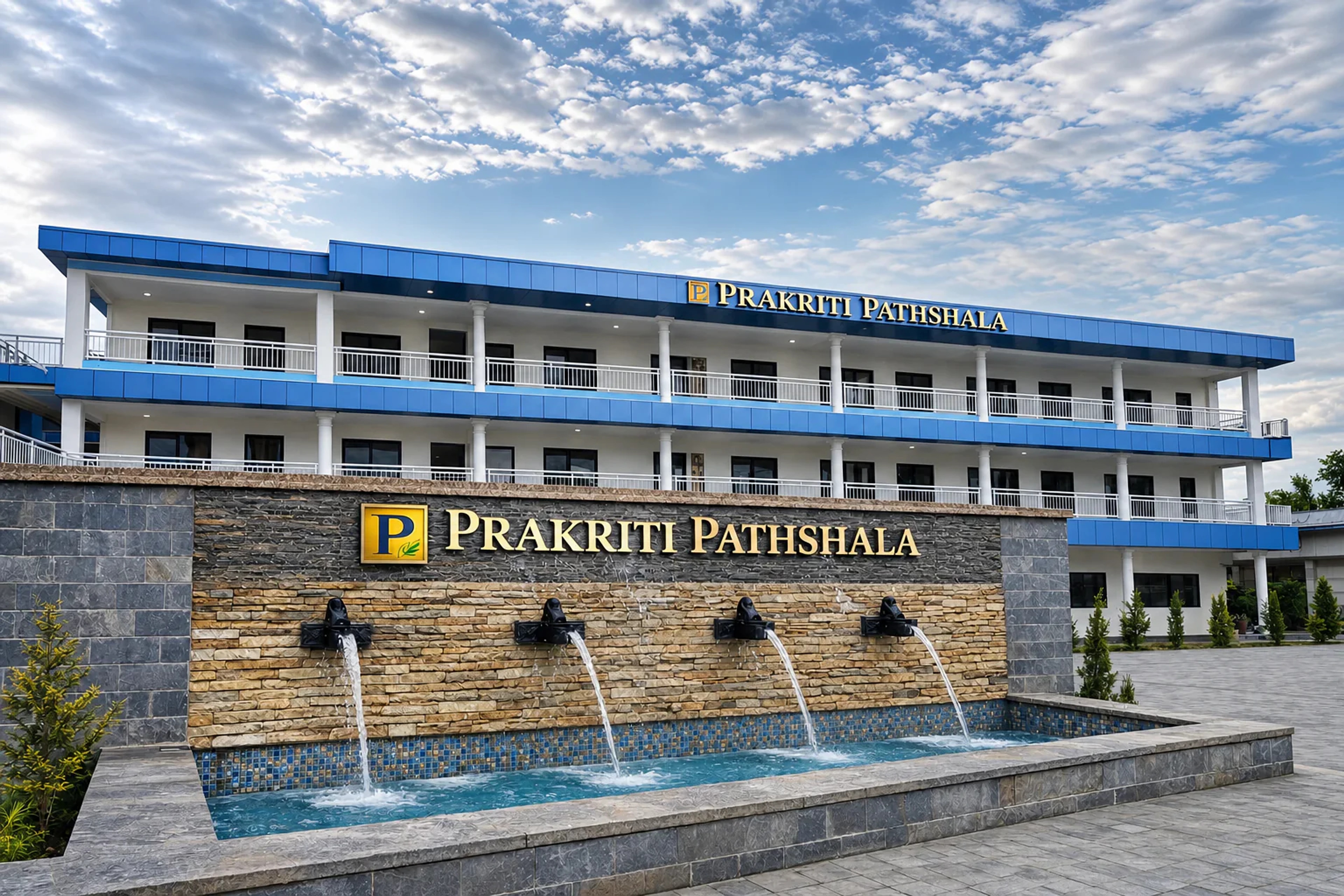 Wide view of the Prakriti Pathshala campus and entrance water feature